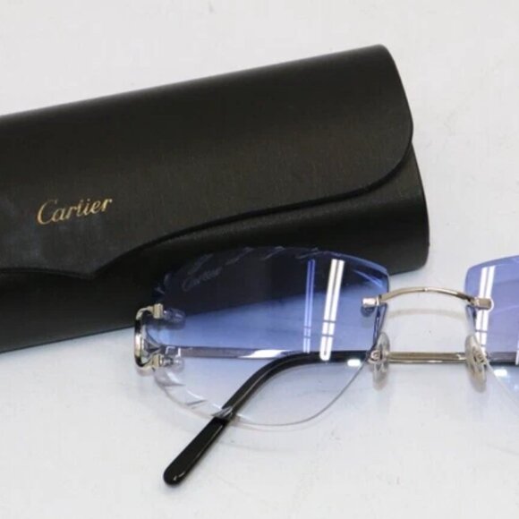 Cartier Glasses Diamond-Cut CT00920 002 Silver Frames / Sky Blue Glass Men’s - Picture 1 of 11